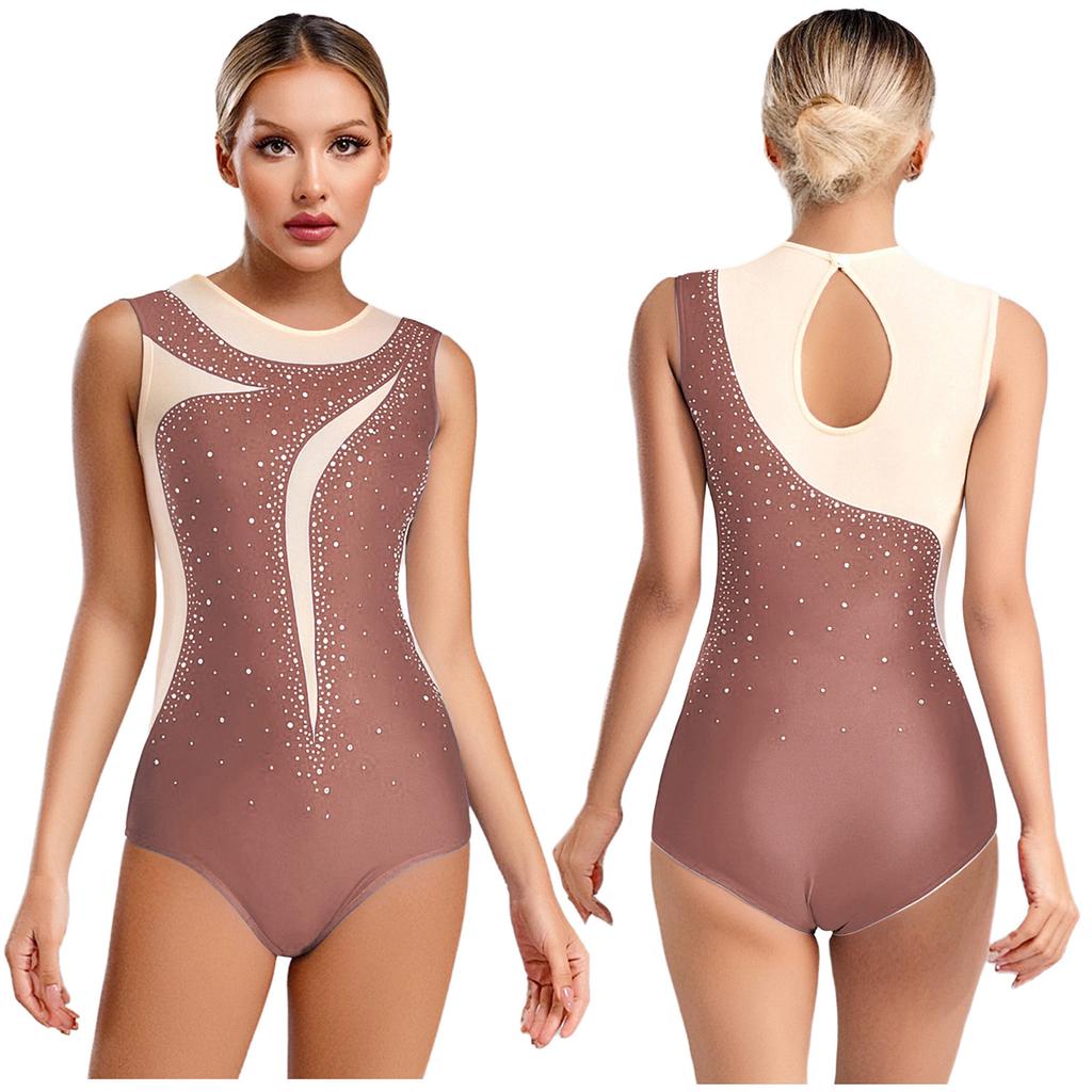 Body de Dança Feminino Peça Única S-XXL: Collant Patchwork de Renda com Strass, Sem Mangas e Costas Vazadas para Performance de Palco