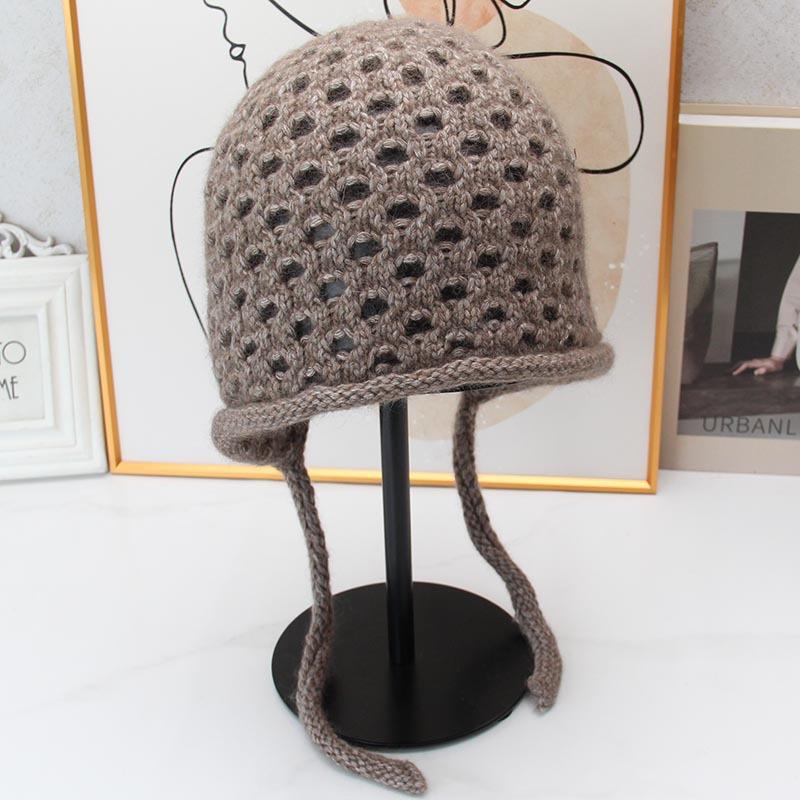 Hollow ear protector knitted hat women's autumn and winter lace-up headgear retro woven wool hat outdoor outing hat