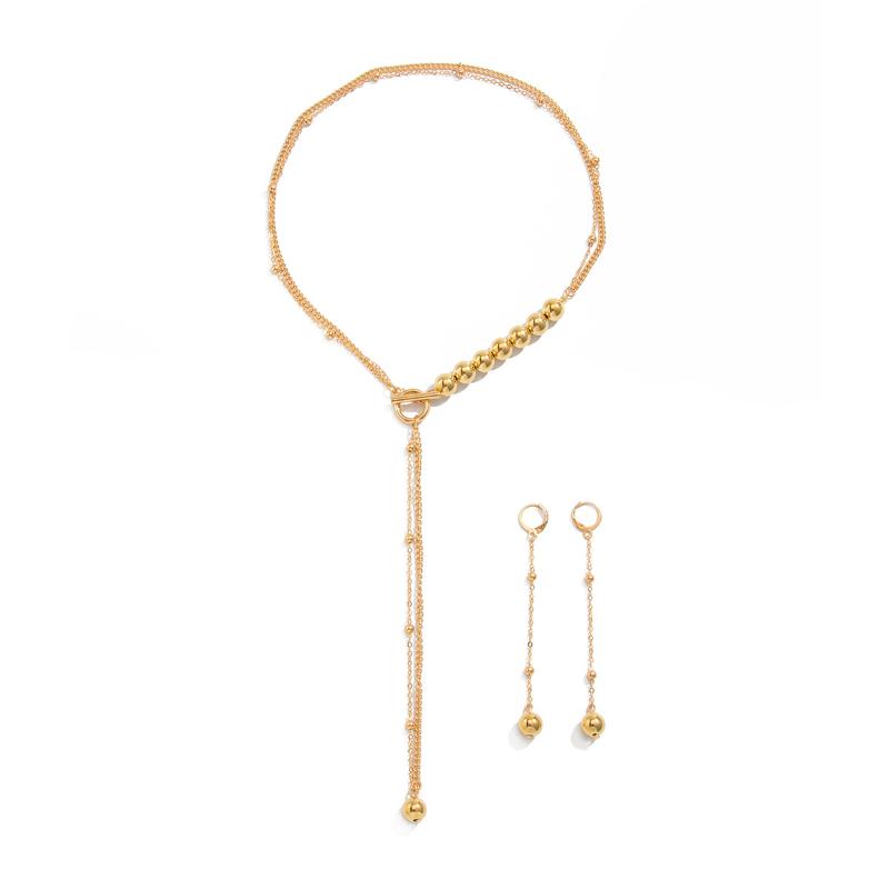 

Simple Beads Long Neck Chain Tassel Ot Buckle Necklace Drop Earrings Set For Women Trend Banquet Wedding Jewelry Set