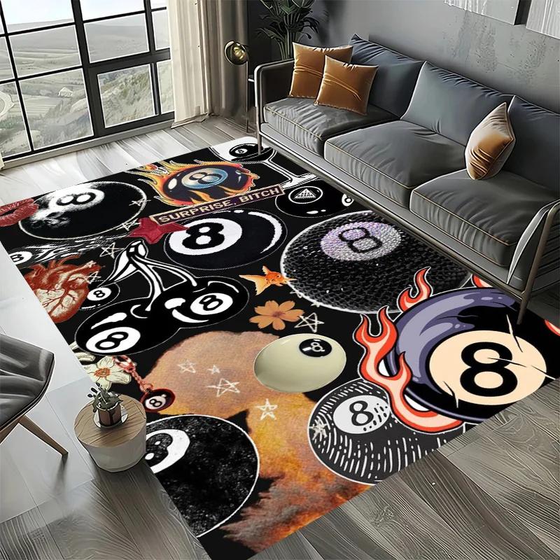 Large Washable Area Rug with Black Pool Ball 8 Design, Non-Slip Sofa Kitchen Toilet Carpet for Living Room Decoration