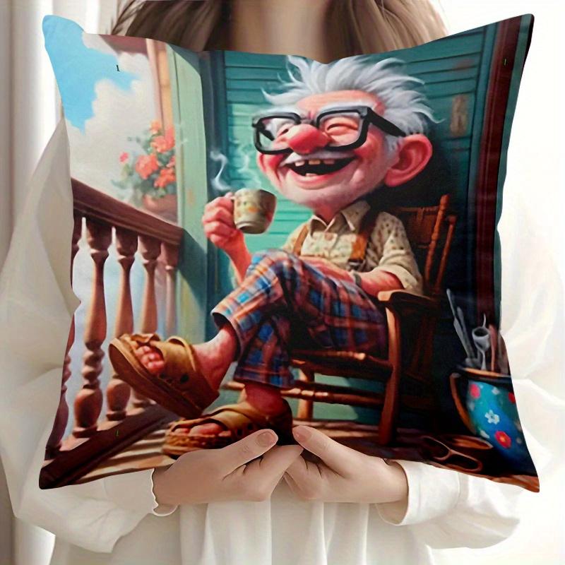1Pc Balcony Coffee Grandpa Print Throw Pillow Cover,Suitable For Sofa,Bedroom,Living Room,A Heartwarming Gift For Seniors