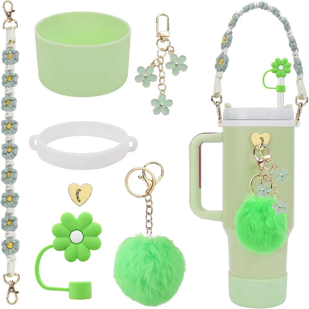 Set di 7/8 Pezzi di Accessori per Tazze per Stanley Cup Inclusi Manico Cinturino Base in Silicone per Tazza Copri Cannuccia Ciondoli per Bicchiere da 40oz 30oz
