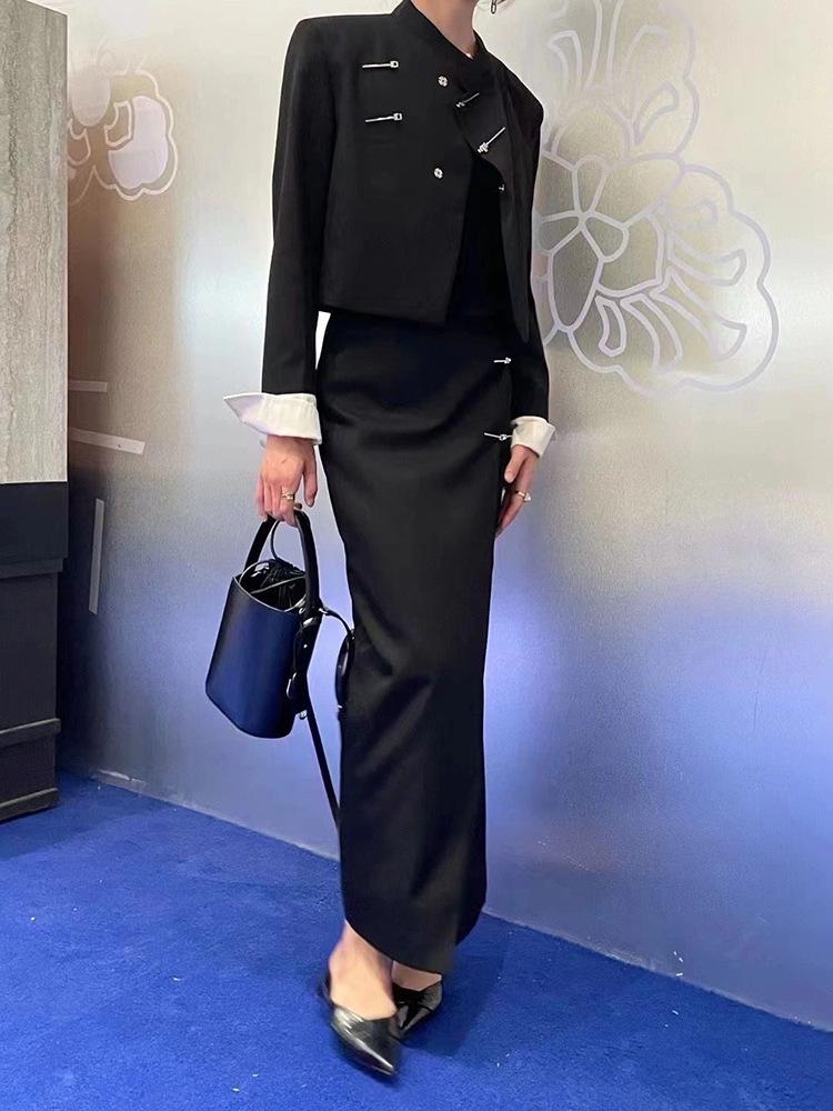 [Clearance, no refunds] New Chinese Style Wool Suit Jacket with Color-Matched Design and Buttoned Skirt