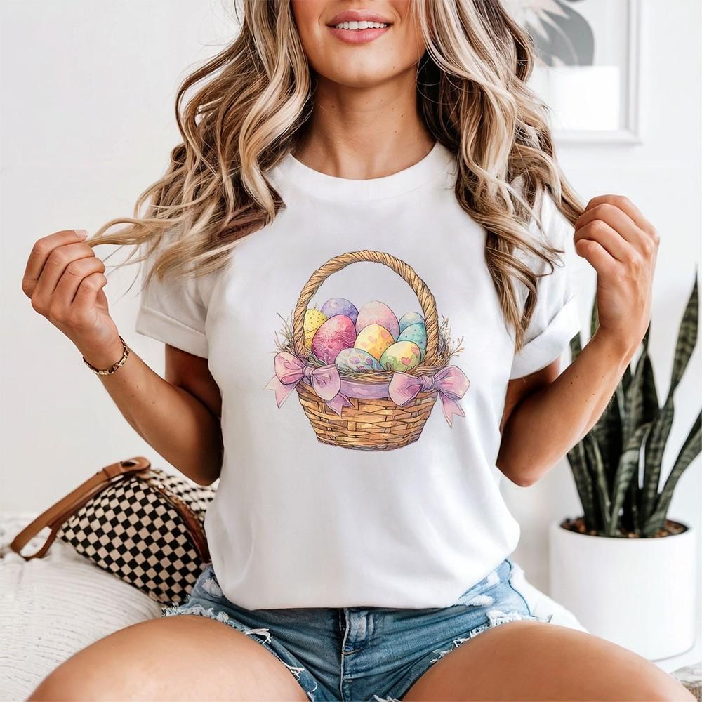 

Easter Basket Decorated Eggs Womens T-Shirt Watercolor Holiday Tee XL