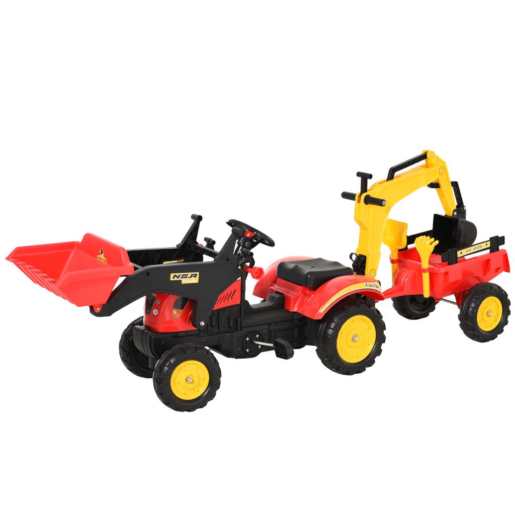 Pedal Tractor with Trailer, Front Loader, Adjustable Bucket, Tractor Pedal Vehicle for Children from 3 Years Red