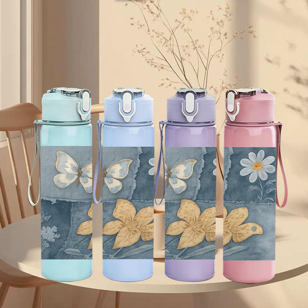 1PC Blue Floral Butterfly Group 750ml Color Plastic Sports Water Bottle Leakproof Flip Straw Lid For Sports Office Home Use