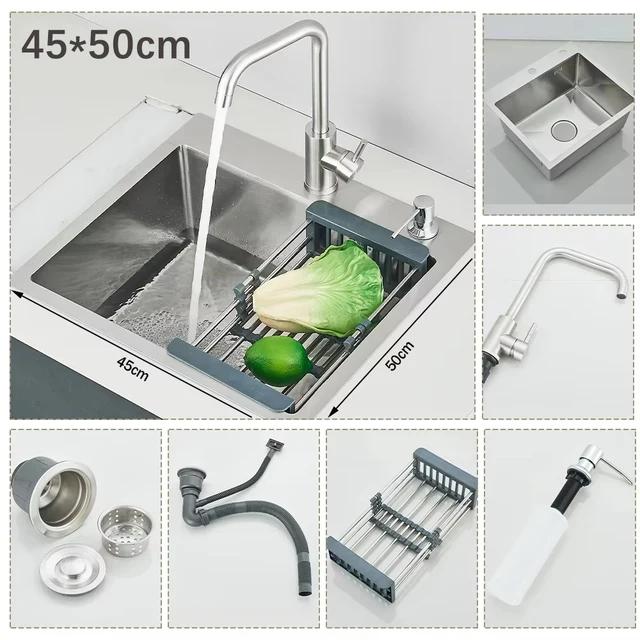 304 Stainless Steel Brushed Waterfall Kitchen Sink 4-Hole Large Single Slot Integrated Faucet Set Soap Dispenser/Pure Water/Cup