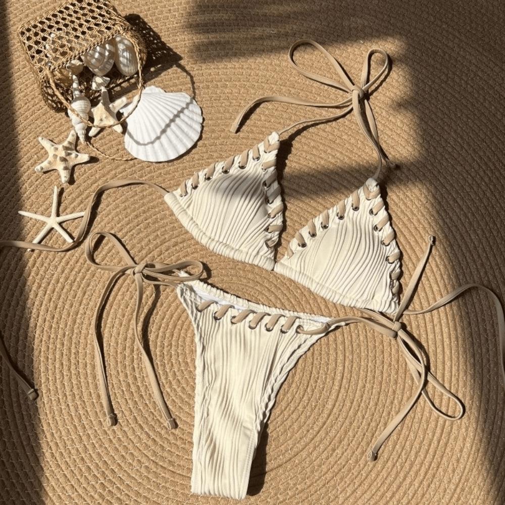 Lace Up Bikini Suit Ruffled Halter Neck Sling Swimsuit Fashion Swimwear Set  Swimming Pool