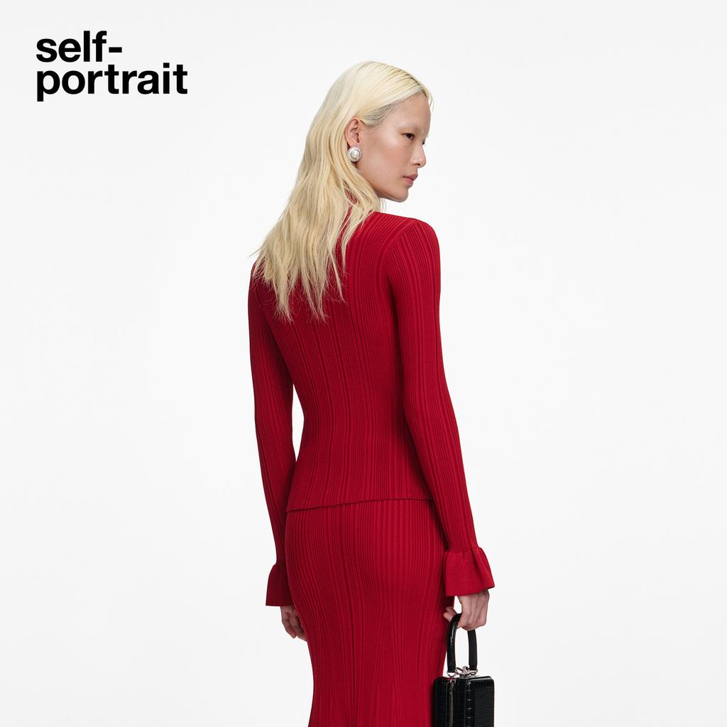 Self-Portrait Burgundy Rhinestone New Chinese Style Bell Sleeve Commuter Knit Sweater Women sweater SWF371M03400