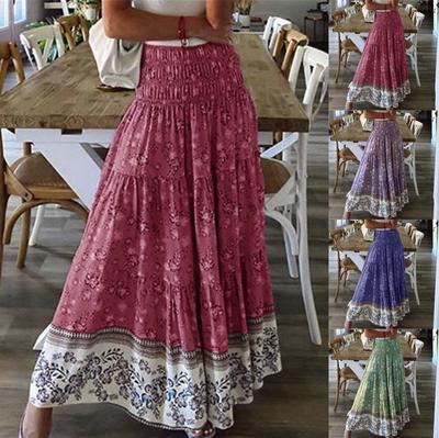 Dames Mode Casual Bloemendruk Hoge Taille Geplooide Lange Rok