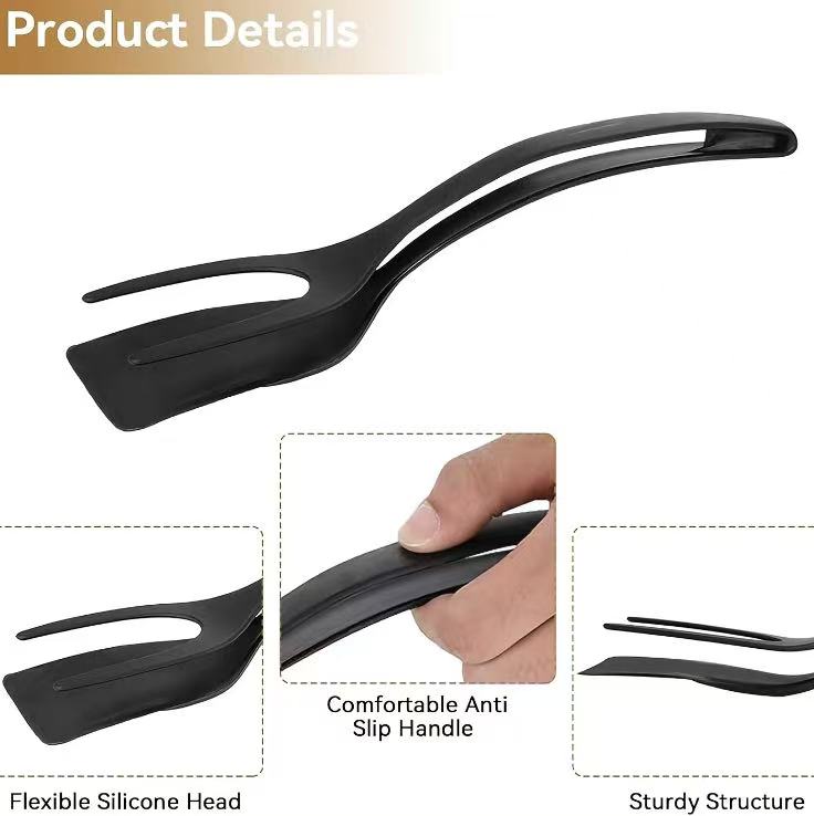 2-in-1 Silicone Shovel & Tweezers Tongs - Black Egg Flipper Pancake Spatula for Kitchen