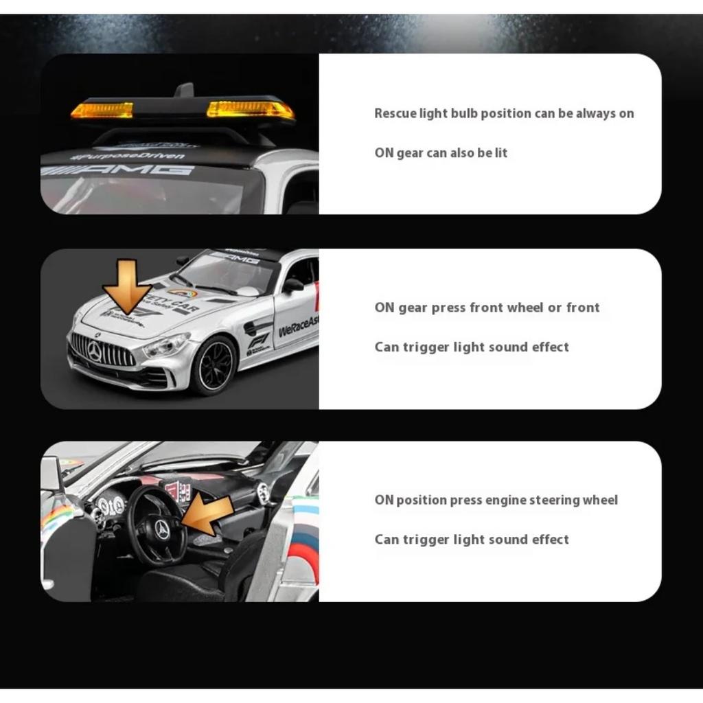 1/24 Scale Mercedes Benz GTR AMG Safety Car Alloy Supercar Diecast Model Sound & Light Pull Back Toy Trendy Ornament Gift for Children