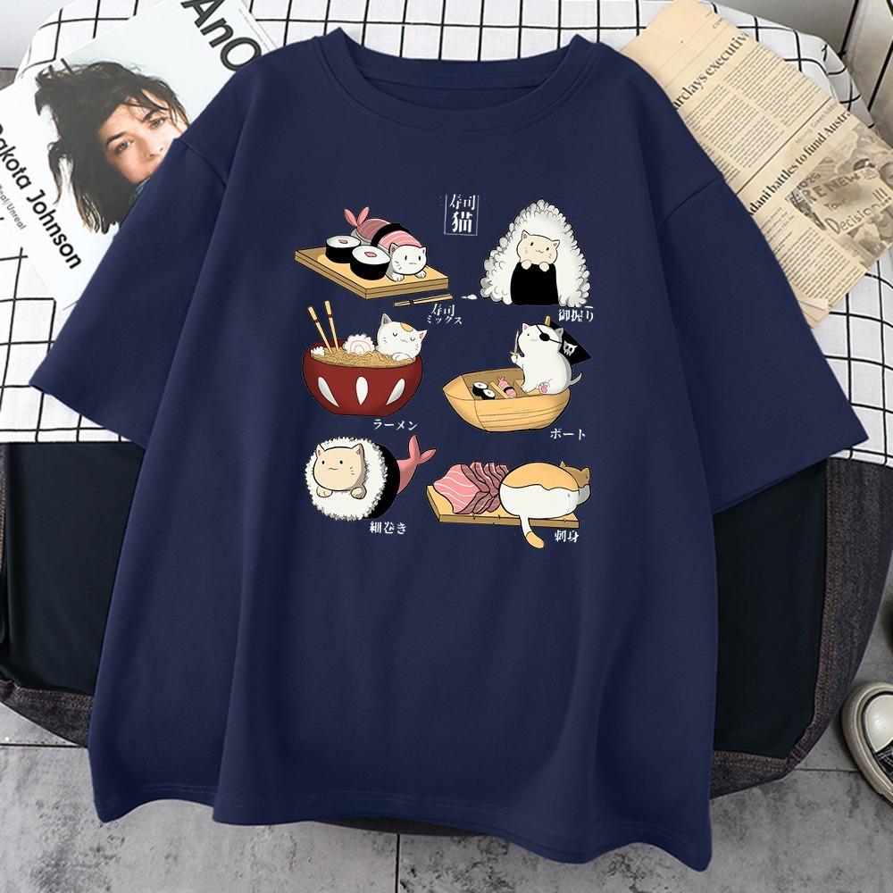 2025 New Summer Cute Cat Sushi Printed Men's Cotton Short-sleeved Casual Large Size Fashion Loose Soft T-shirt Street Wear
