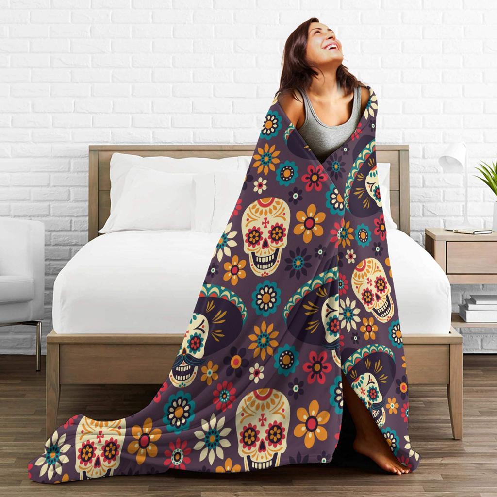 Sugar Skull Floral Blankets Day of the Dead Halloween Flannel Funny Soft Throw Blankets for Bedspread Decoration