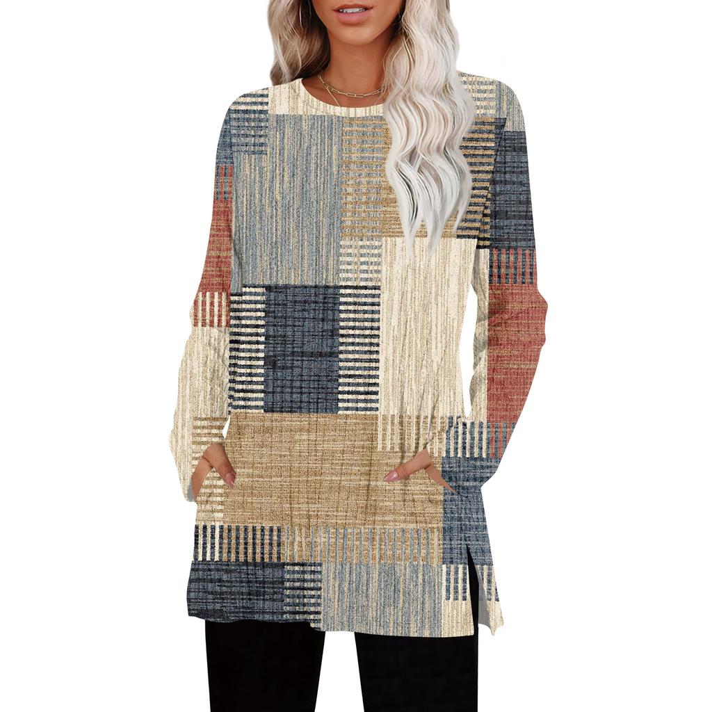 Womens Sweaters Crewneck Long Sleeve Shirts With Pockets Fall Outfits  Fashion Winter Clothing Side Slit