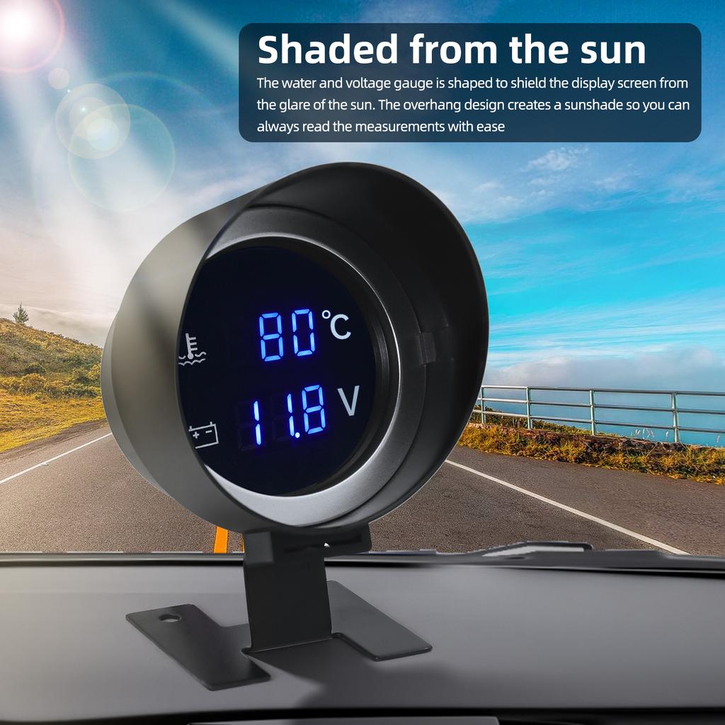 AD 2 In 1 12V 24V Round Led Digital Car Truck Water Temp Gauge Temperature Sensor Temperatura Moto Voltmeter Volt Voltage Meter