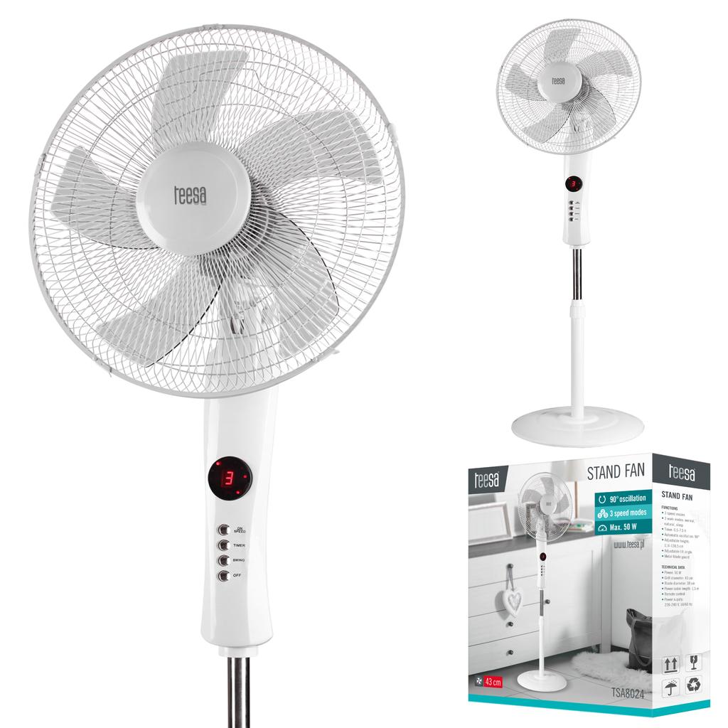 Teesa pedestal fan with remote control, 3 speed modes, TIMER remote control