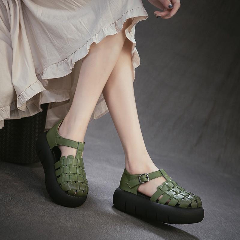 Johnature Genuine Leather Retro Handmade Woven Thick Soled Sandals Versatile Women's Platform Shoes