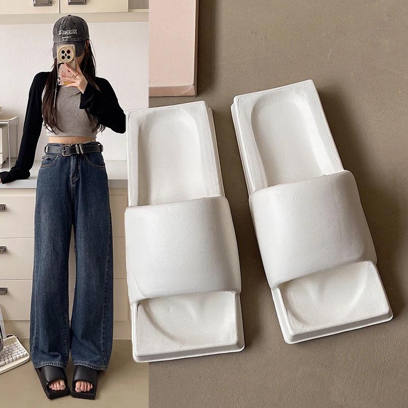 Fashion New Summer Women Home Slippers  Clogs Square INS Solid Flat Bottomed Non-Slip Girl Slides Home Indoor Bathroom Shoes