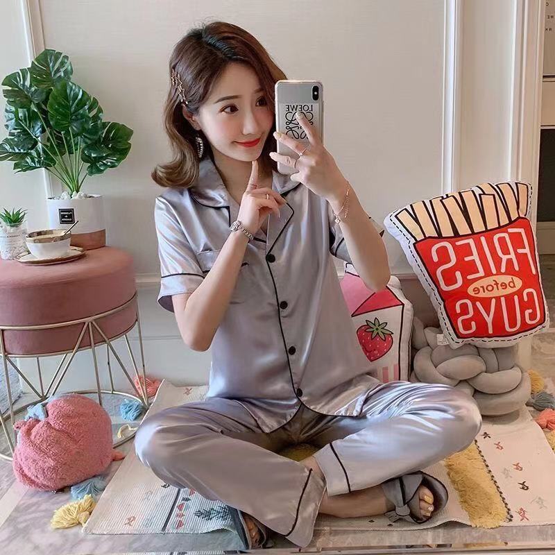 Solid color ice silk pajamas women's long-sleeved cardigan simulation silk spring summer loungewear women's autumn suit breathable
