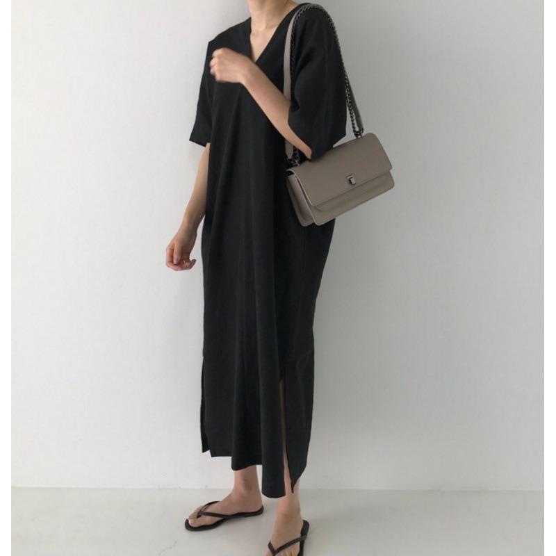 Minimalistické Retro Dlouhé Volné Ležérní Šaty s Dlouhým Krátkým Rukávem