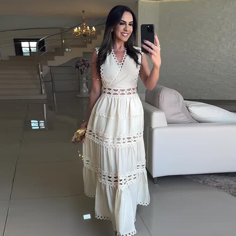 

Европейское и американское вышитое макси-платье без рукавов с V-образным вырезом в стиле французского двора S белый