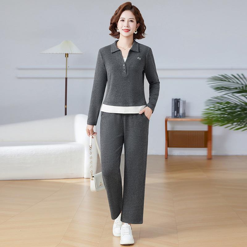 Women's Spring/Autumn 2025 Long Sleeve Lapel Sweatshirt & Straight Leg Pants Set