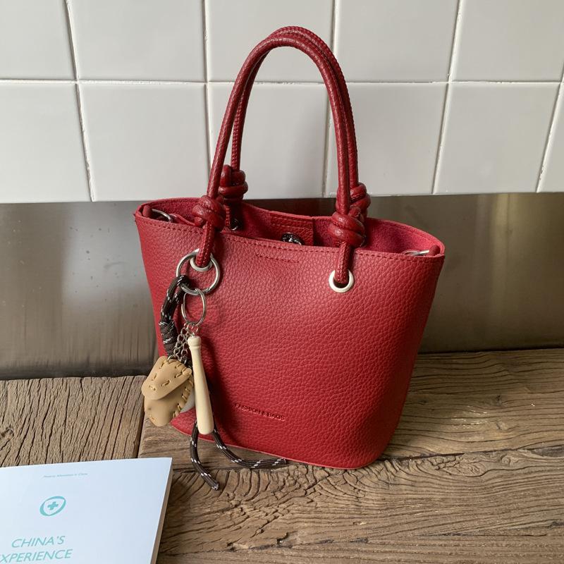 High-end Lychee Pattern Bucket Bag, Hand-held Vegetable Basket Bag, Fashionable Single-shoulder Crossbody Bag