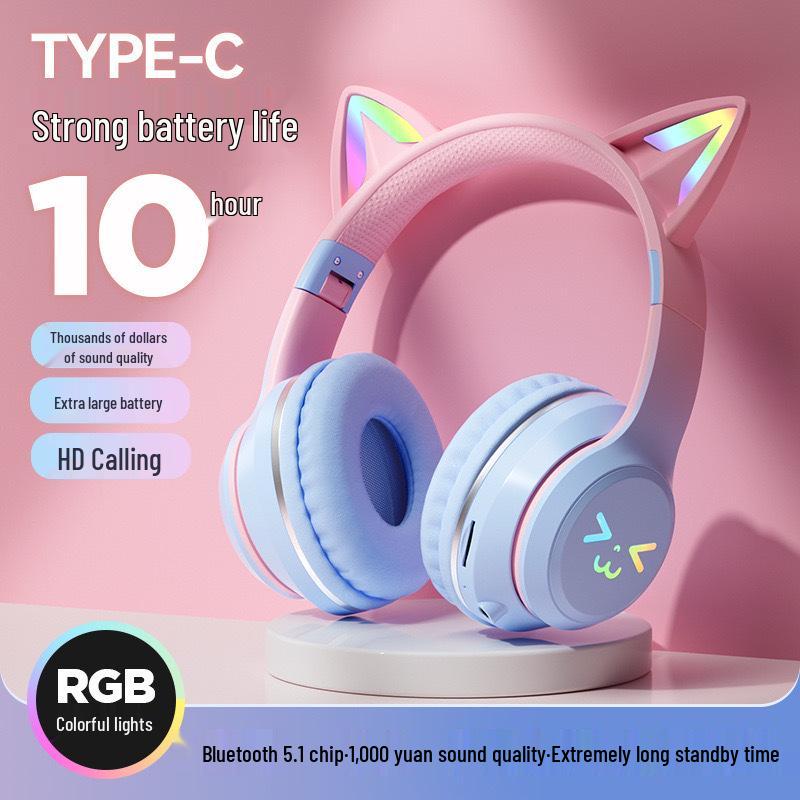 

Беспроводные игровые наушники со светящимися кошачьими ушками с градиентными цветами, накладные, Bluetooth, складная конструкция.