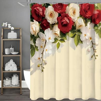 Cortina de Chuveiro Botânica de Flor de Rosa, Cortina de Chuveiro Decorativa para Banheiro, Cortina de Chuveiro à Prova d'Água com Ganchos
