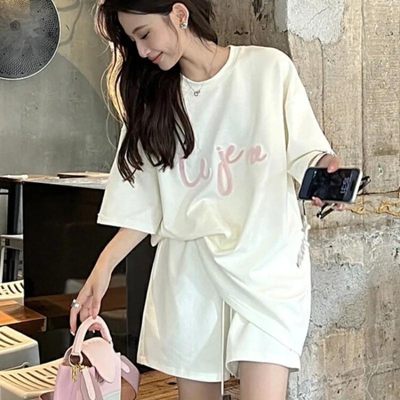 Pyjamas Set for Women's Simple Letter Sports Short-Sleeved Shorts Student Homewear Two-Piece Set of Solid Sleepwear Loungewear
