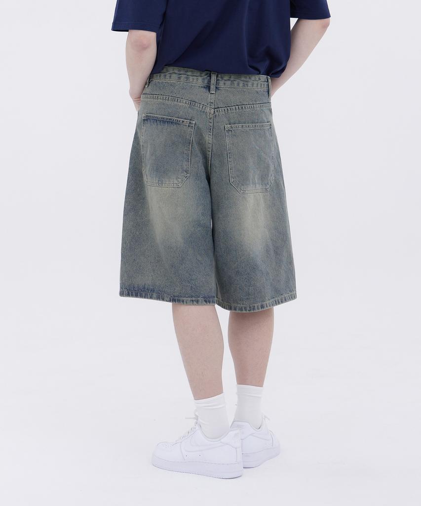 Akeusi Vintage Gewaschene Street Oversized Knielange Jeanshose Unisex (blau)