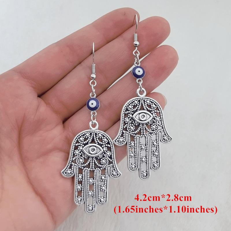 Bohemian Retro Silver Hamsa Earrings with Evil Eye & Fatima Hand Pendant