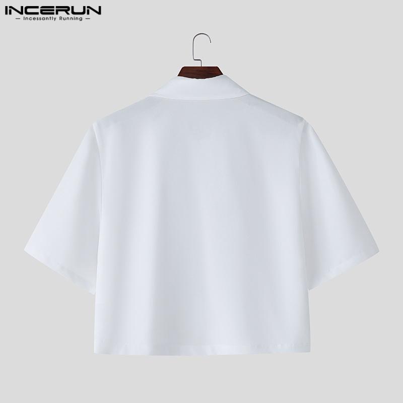 INCERUN Men Lapel Neck Short Sleeve Printing Casual Loose Cropped Shirts