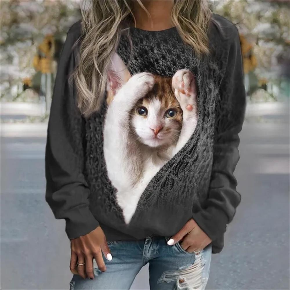 Jersey de manga larga para mujer, camiseta con estampado de gato a la moda en 3D, Jersey informal de calle para chica, suéter de cuello redondo, Top diario para mujer