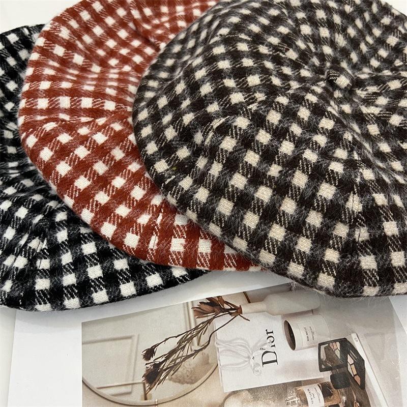 Pastoral Fine Checkerboard Woolen Octagonal Hat Lady Autumn and Winter Face Small Clouds Beret Painter Hat