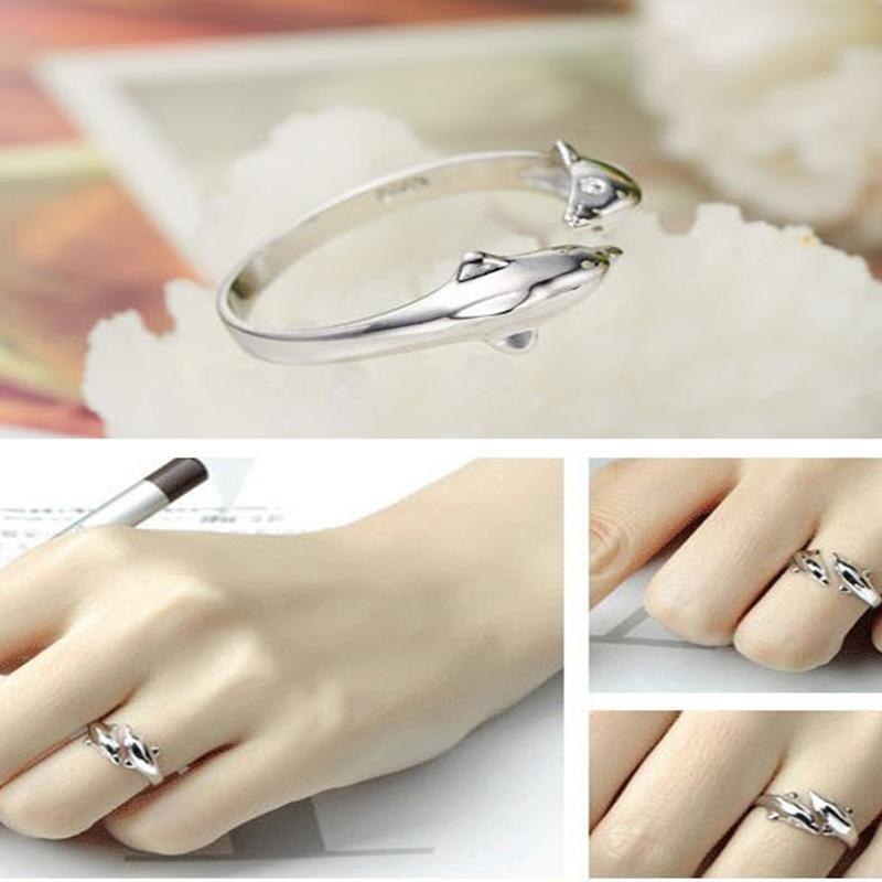 925 Sterling Silver Ring Delfin Öppen Par Ring Dam Svans Ring Smycken Silver Tillbehör Ring