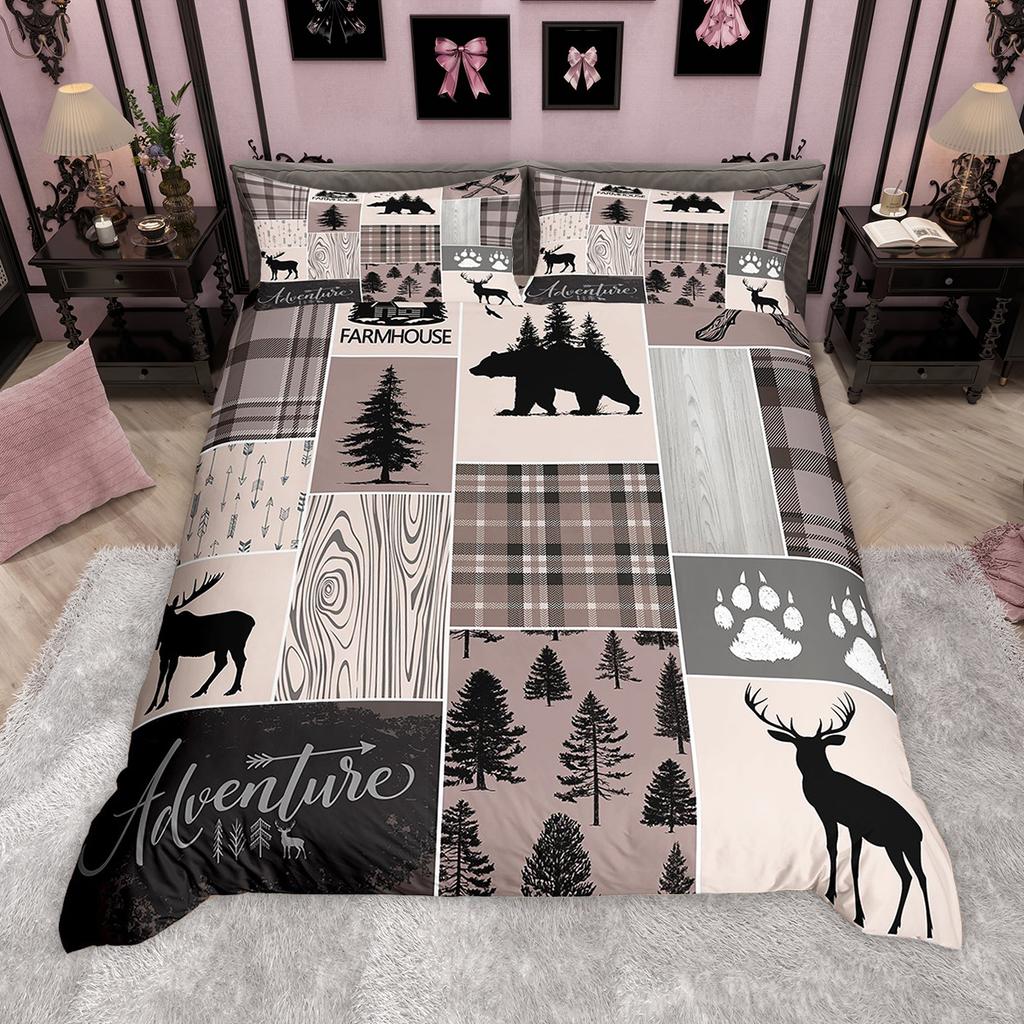 Homewish Rustic Farmhouse Plaid Duvet Cover Set Moose Bear Checkered Bedding Set Retro Cabin Lodge Comforter Cover Set