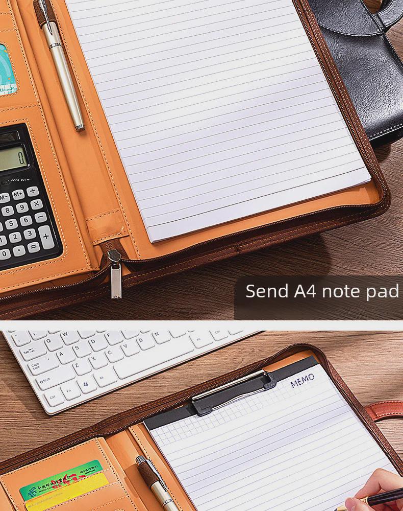 Dosar A4 din piele cu calculator - Dosar portabil, multifuncțional cu fermoar, pentru întâlniri cu clienții și tranzacții în cameră