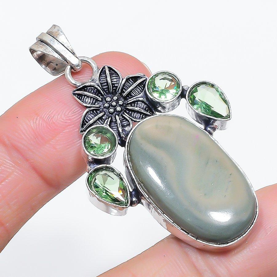 Natural Imperial Jasper, Tsavorite 925 Sterling Silver Pendant 2.17" R4u67