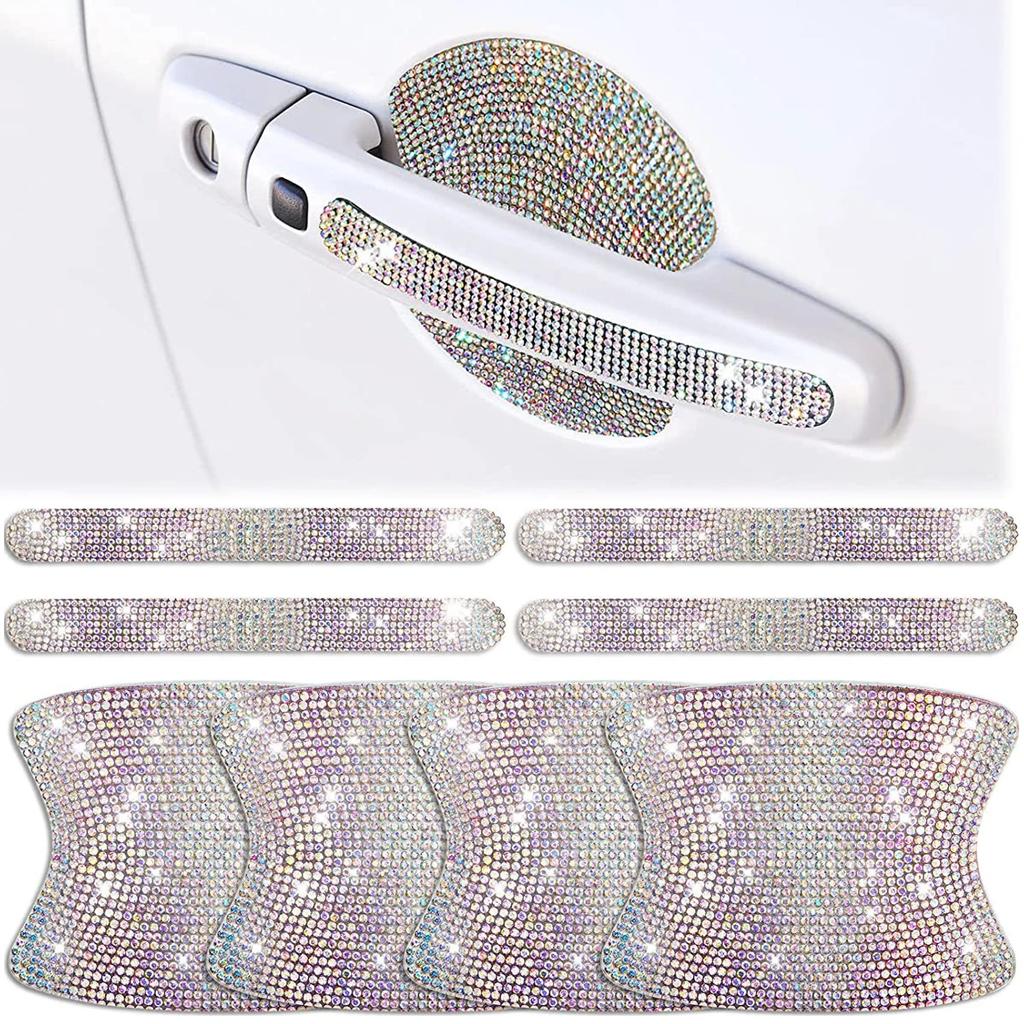 8Pcs Rhinestone Car Door Bowl Anti-scratch Reflective Stickers Door Bowl Handle Protection Sticker Anti-scratch Protection Strip