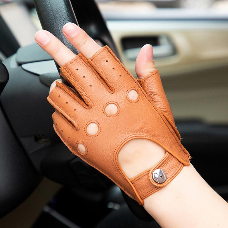 Mens Half Finger Gloves For Fitness Driving High Quality Genuine Leather Gloves Fingerless Yellow Brown Driver Sports Motorcy