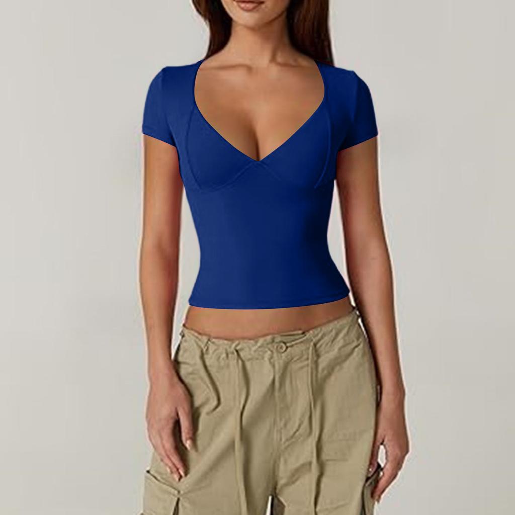 Women's Top Slim Fitting T-Shirt V-Neck Top With Bottom Short Sleeved Sexy Solor Top T-shirt