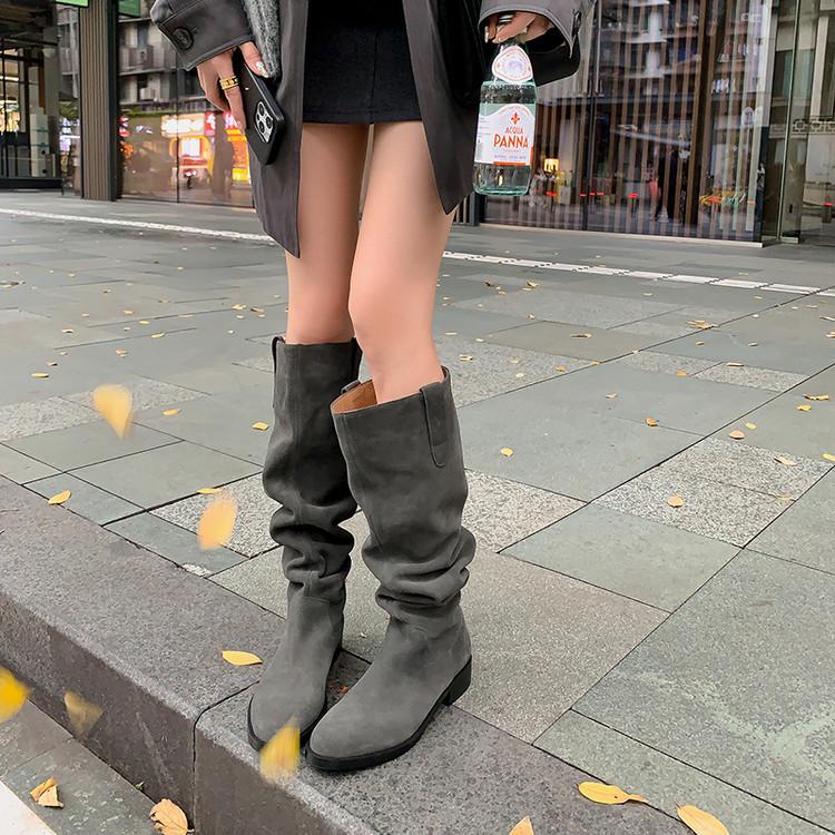 Soft! Round head thick heel women's boots women's but knee gray knight boots women's pile boots cow flip versatile medium heel tide