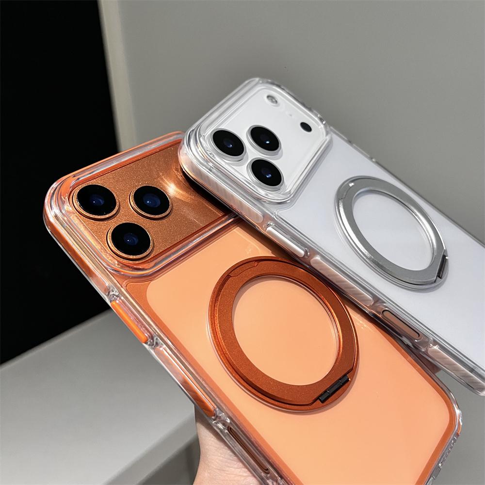 Transparent Ultra Thin PC For Magsafe Case For iPhone 17 16 15 14 13 Pro Max Clear Candy Color Shockproof Rotating Bracket Cover