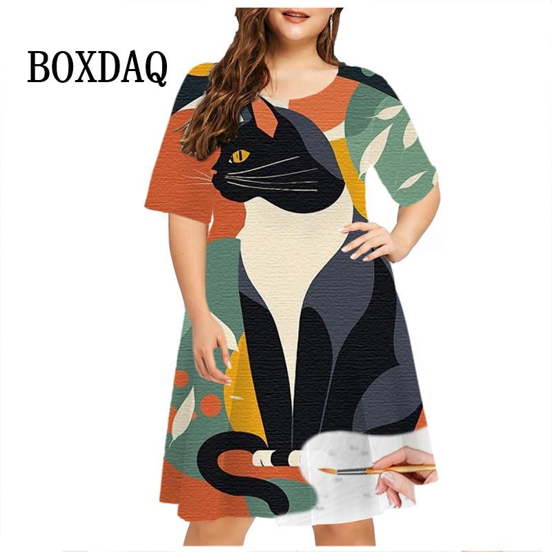 Starry Sky Cat Graphic Dress For Women Tie Dye 3D Printed Casual Loose Plus Size Dress Short Sleeve Fashion Hip Hop Kawaii Dress