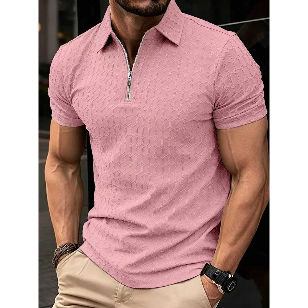 Men's Casual Polo Shirt with Zip, Short-sleeved, Loose-fit, Plain-coloured, Versatile T-shirt