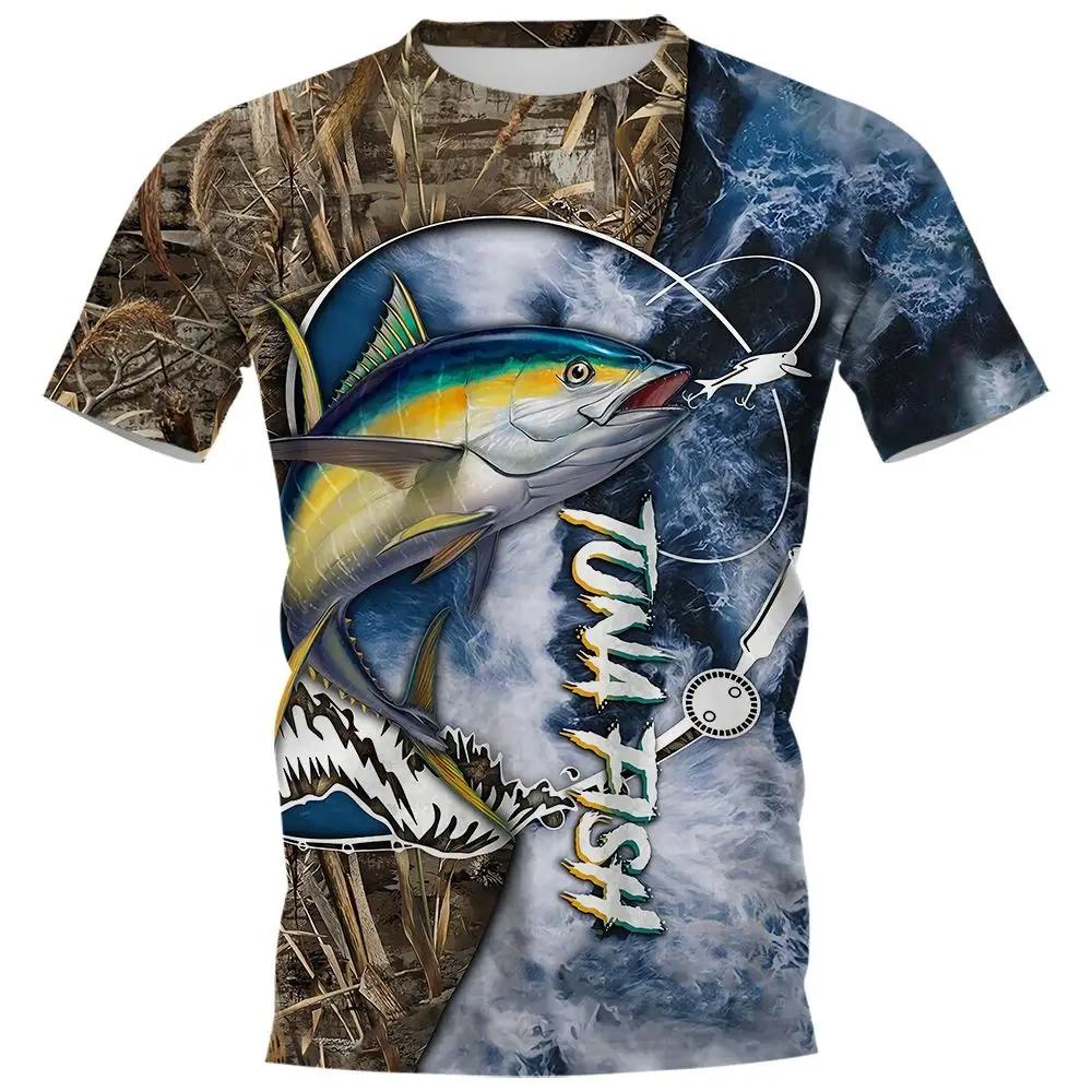 New Fishing Shirt Men's Summer Clothing Fish Graphic O Neck Oversized Tops 2024 Casual Outdoor Apparel For Male Shirt Tee 5XL