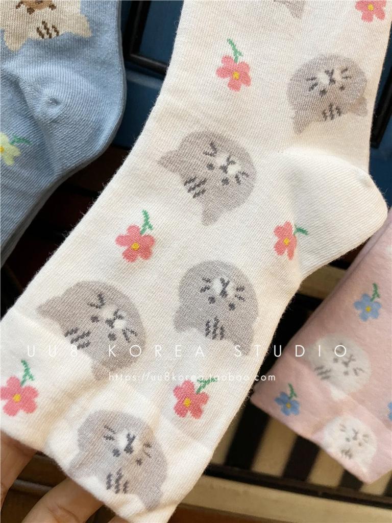[Cute Mid Tube Cat Print] 1-4Pairs Cartoon Cat Print Socks, Comfort & Cute Mid Tube Socks, Women's Stockings & Hosiery