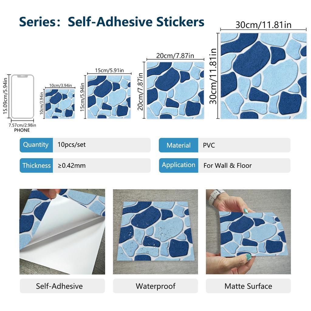 10Pcs  Cobblestone Tile Stickers - Modern Irregular Pebble Design Wall Decals - Waterproof Self-Adhesive PVC Mural for Kitchen Bathroom DIY Decor